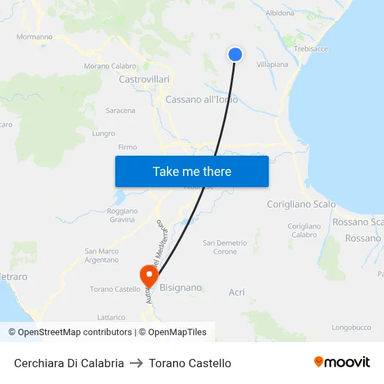 Cerchiara Di Calabria to Torano Castello map
