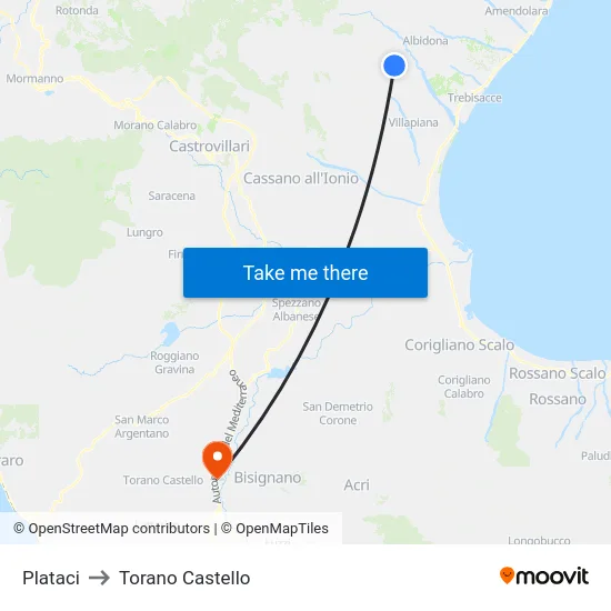 Plataci to Torano Castello map