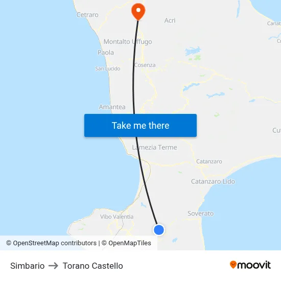 Simbario to Torano Castello map