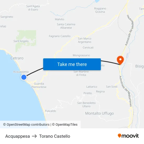 Acquappesa to Torano Castello map