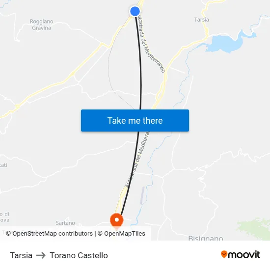 Tarsia to Torano Castello map
