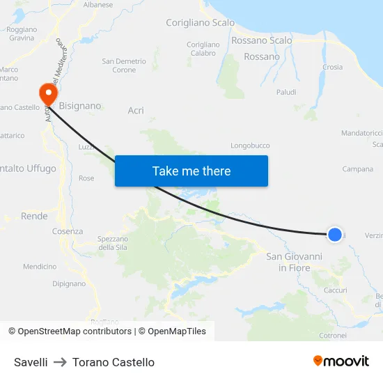 Savelli to Torano Castello map