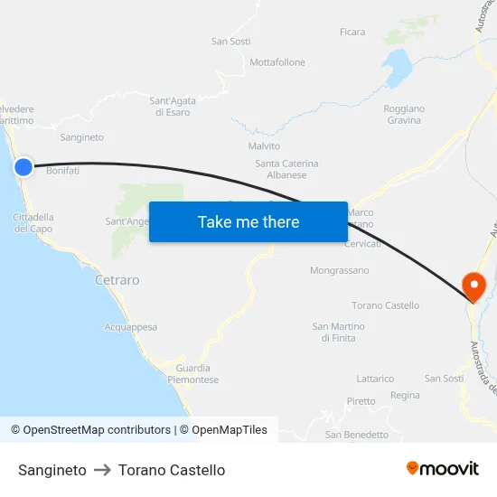 Sangineto to Torano Castello map
