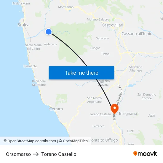 Orsomarso to Torano Castello map