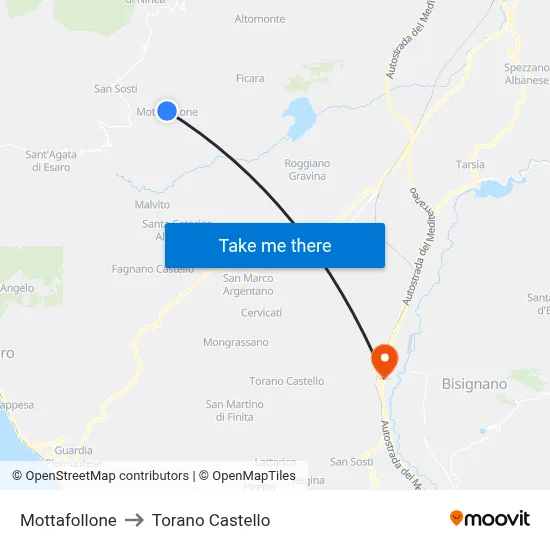 Mottafollone to Torano Castello map