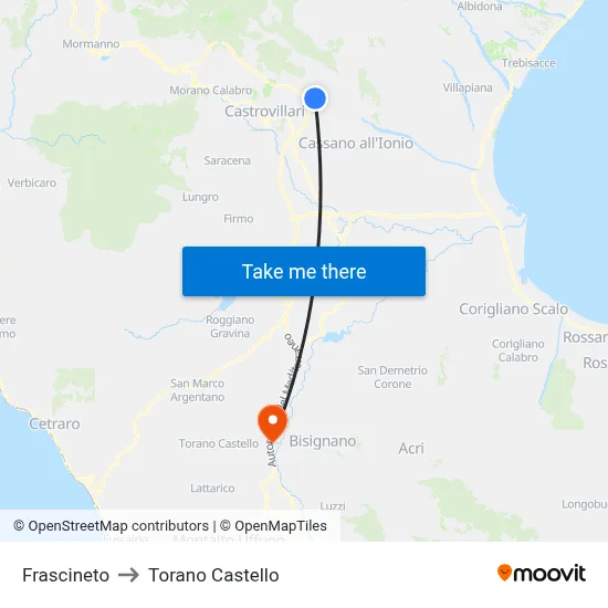 Frascineto to Torano Castello map