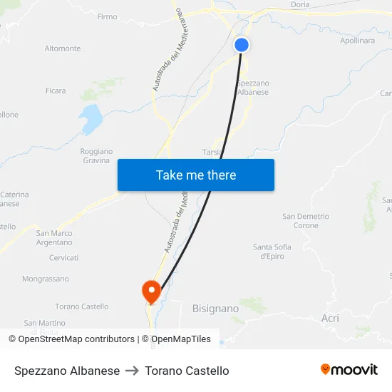 Spezzano Albanese to Torano Castello map