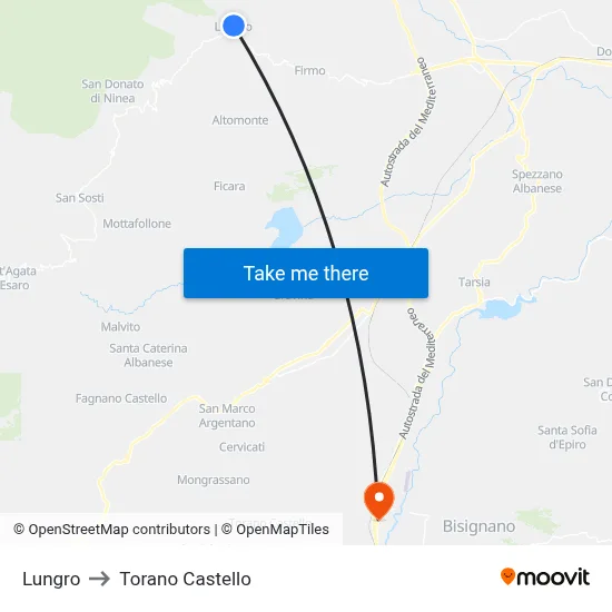 Lungro to Torano Castello map