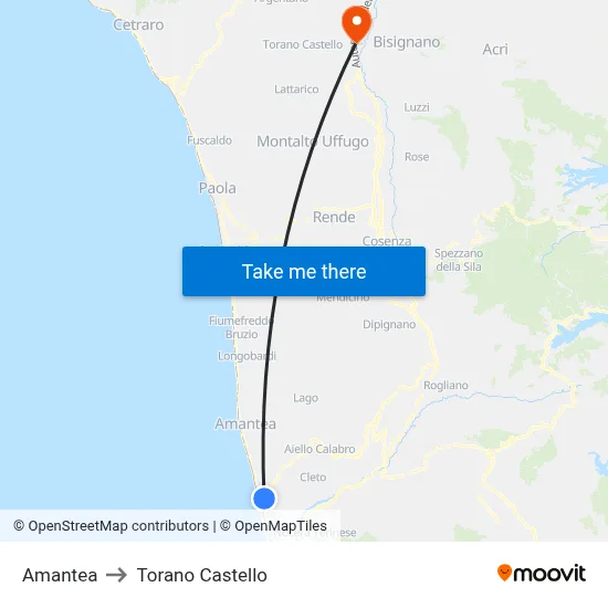 Amantea to Torano Castello map