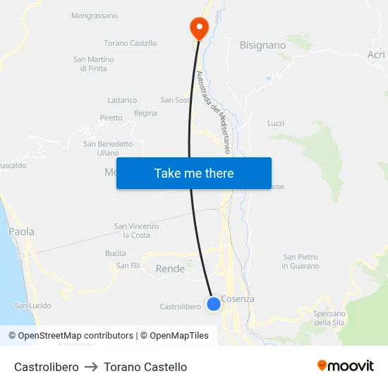 Castrolibero to Torano Castello map