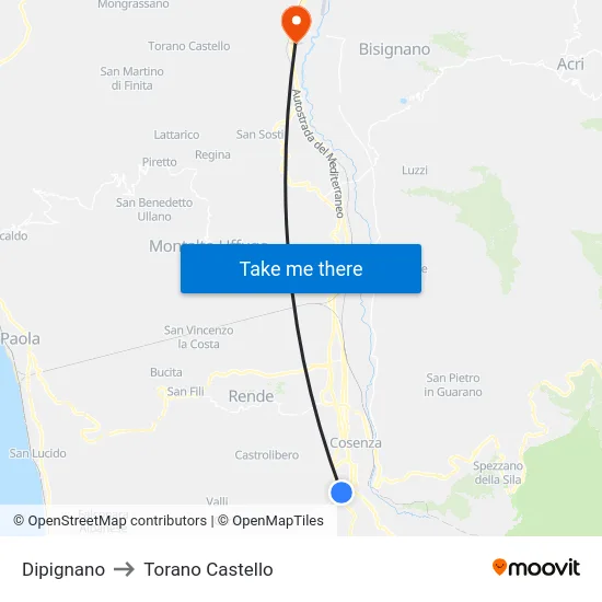 Dipignano to Torano Castello map