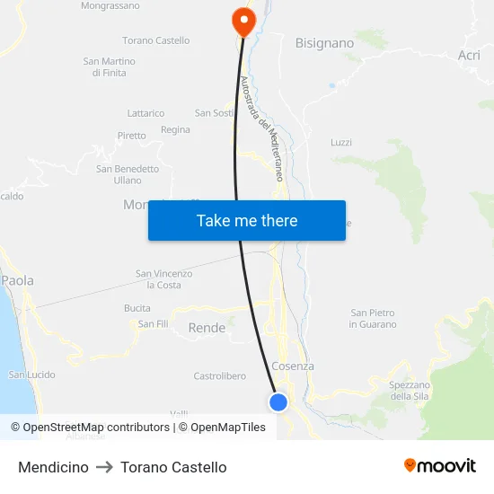 Mendicino to Torano Castello map