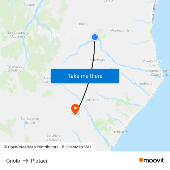 Oriolo to Plataci map