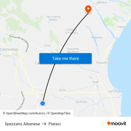 Spezzano Albanese to Plataci map