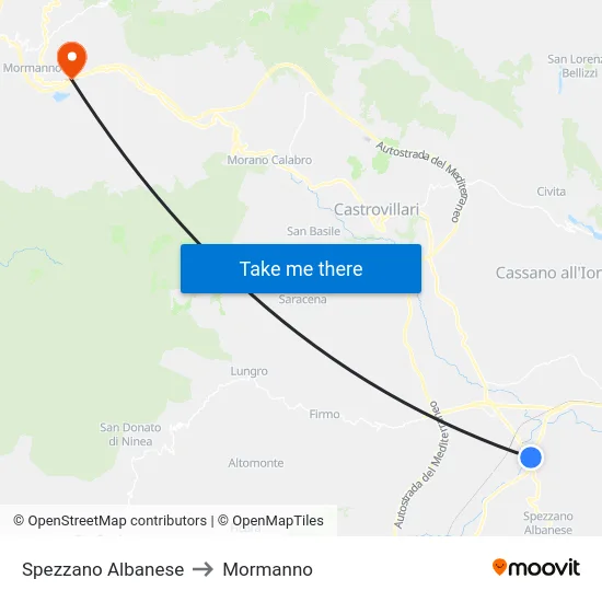 Spezzano Albanese to Mormanno map
