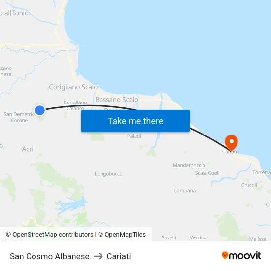 San Cosmo Albanese to Cariati map