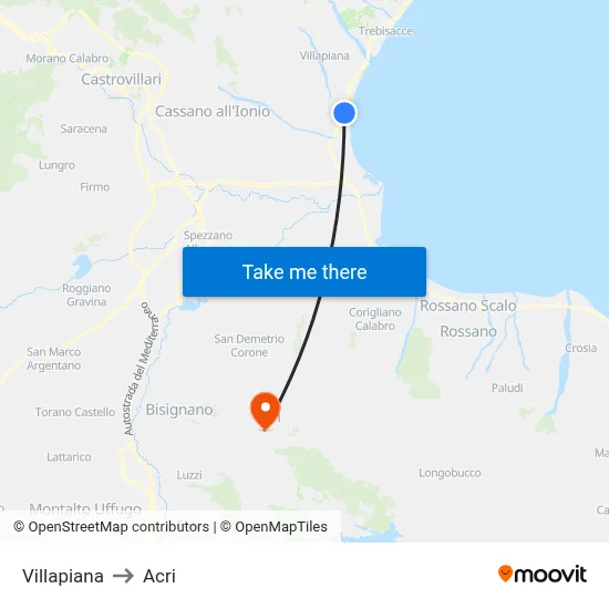 Villapiana to Acri map