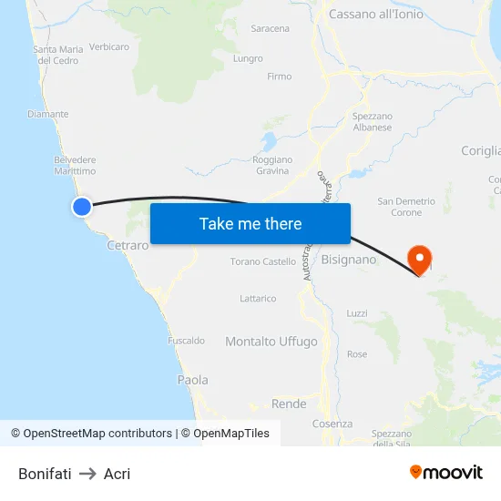 Bonifati to Acri map