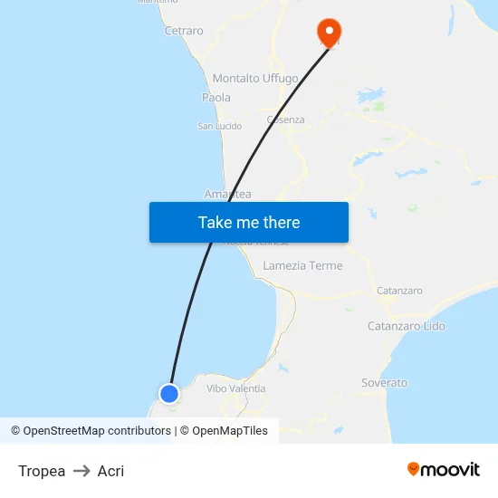 Tropea to Acri map