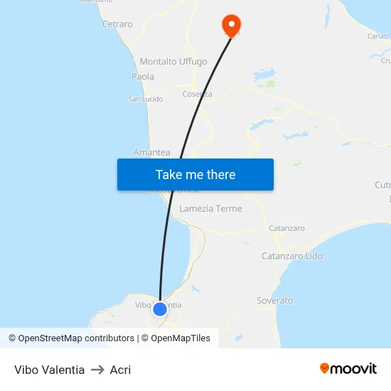 Vibo Valentia to Acri map