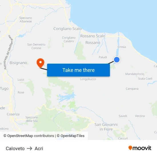 Caloveto to Acri map