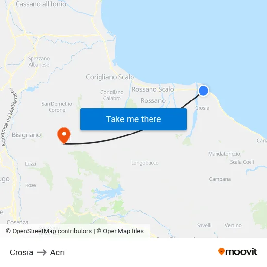 Crosia to Acri map