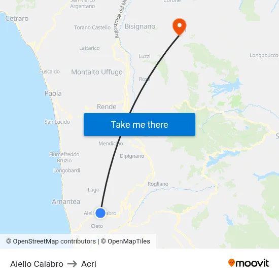 Aiello Calabro to Acri map