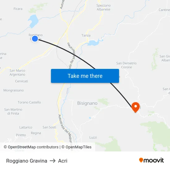 Roggiano Gravina to Acri map