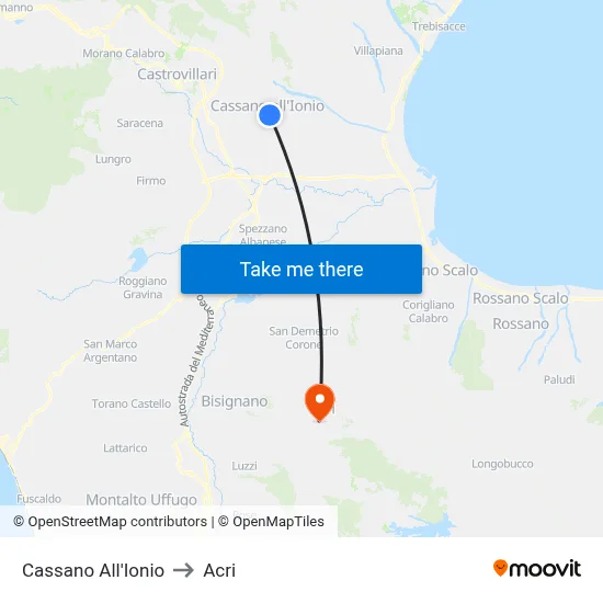 Cassano all'Ionio to Acri map