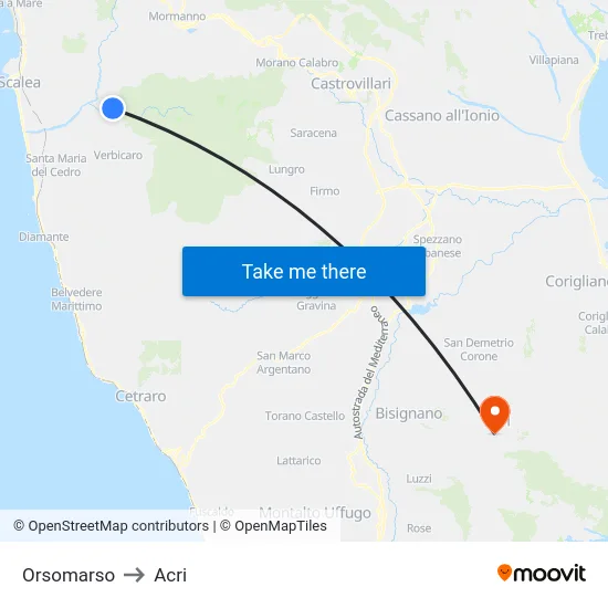 Orsomarso to Acri map