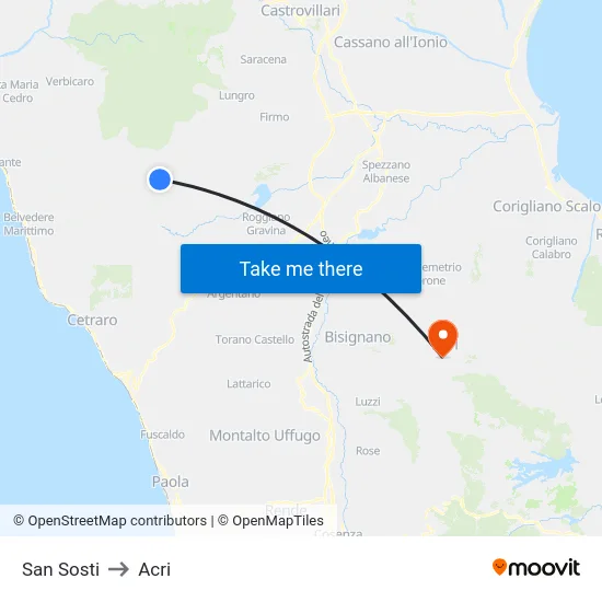 San Sosti to Acri map