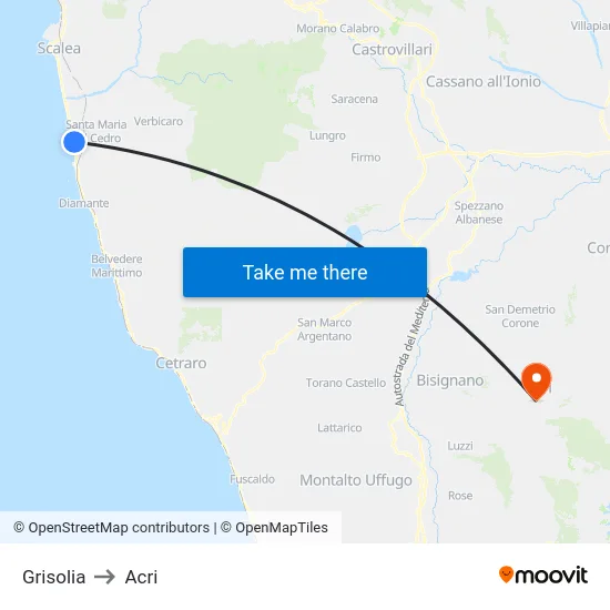 Grisolia to Acri map