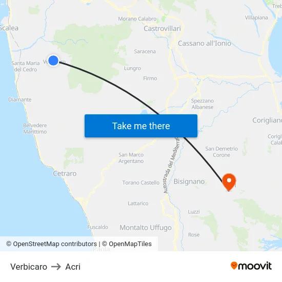 Verbicaro to Acri map