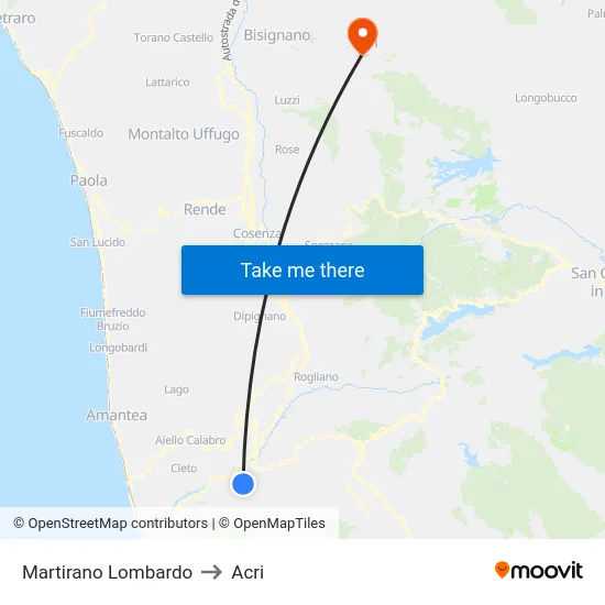 Martirano Lombardo to Acri map