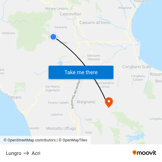 Lungro to Acri map