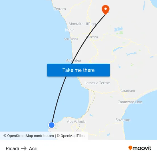 Ricadi to Acri map