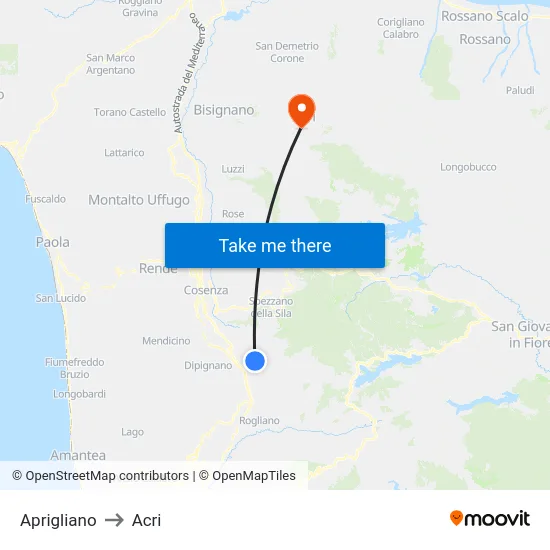 Aprigliano to Acri map