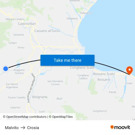 Malvito to Crosia map