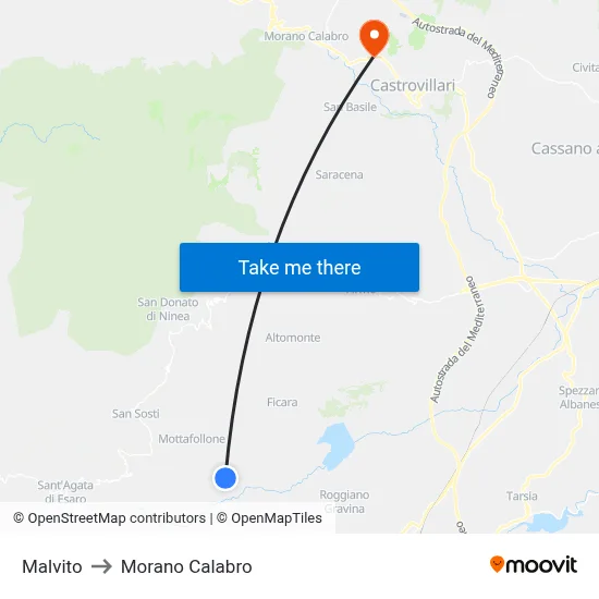 Malvito to Morano Calabro map