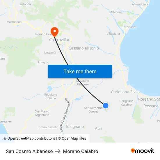 San Cosmo Albanese to Morano Calabro map