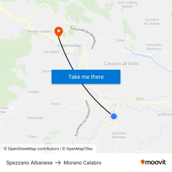 Spezzano Albanese to Morano Calabro map