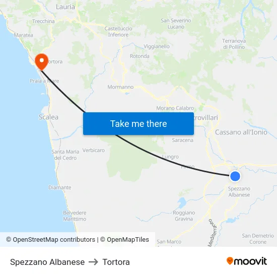 Spezzano Albanese to Tortora map