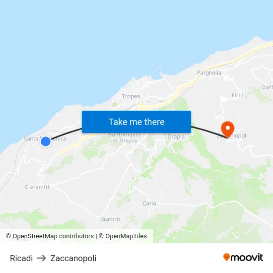 Ricadi to Zaccanopoli map