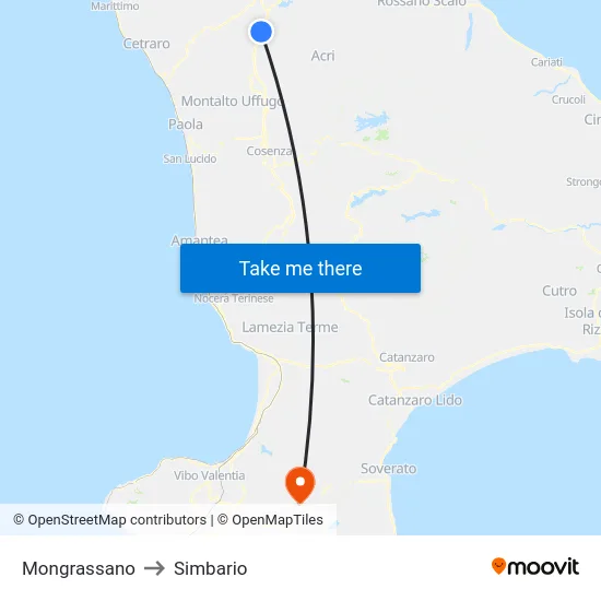 Mongrassano to Simbario map