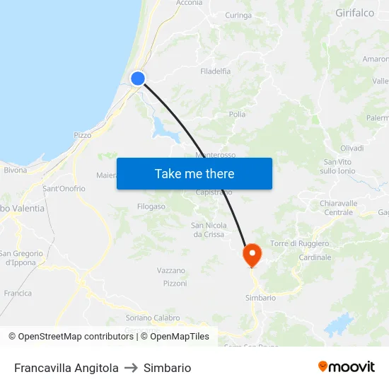 Francavilla Angitola to Simbario map
