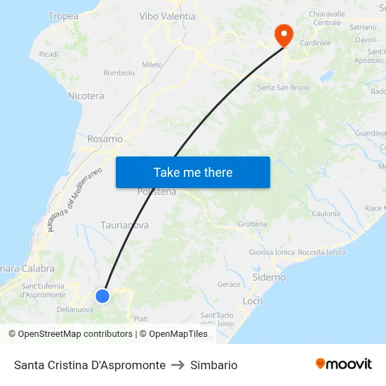 Santa Cristina D'Aspromonte to Simbario map