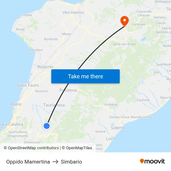 Oppido Mamertina to Simbario map