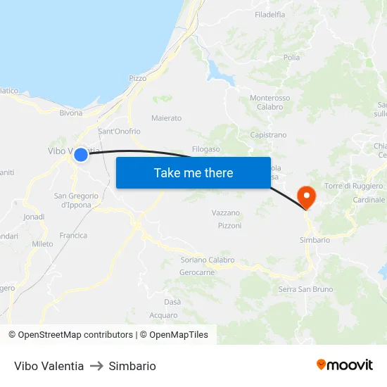 Vibo Valentia to Simbario map