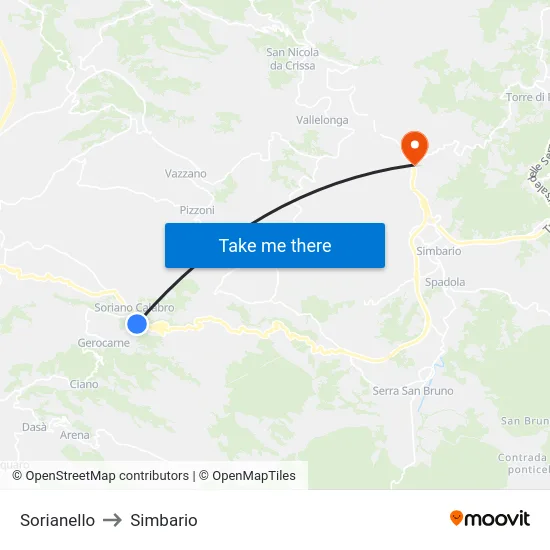 Sorianello to Simbario map