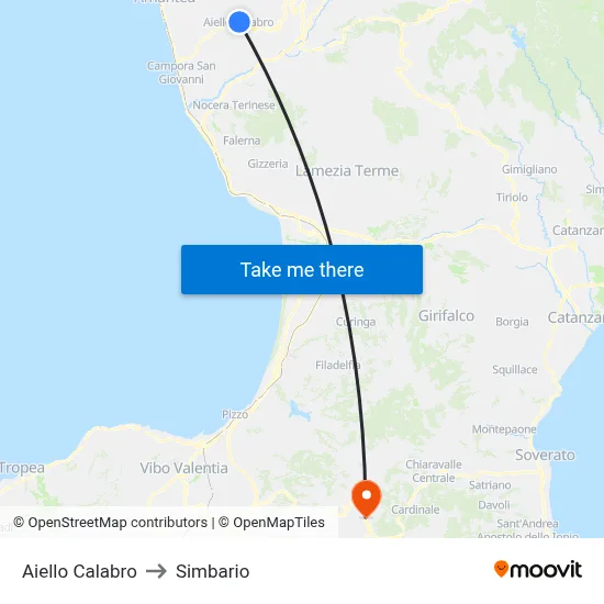 Aiello Calabro to Simbario map